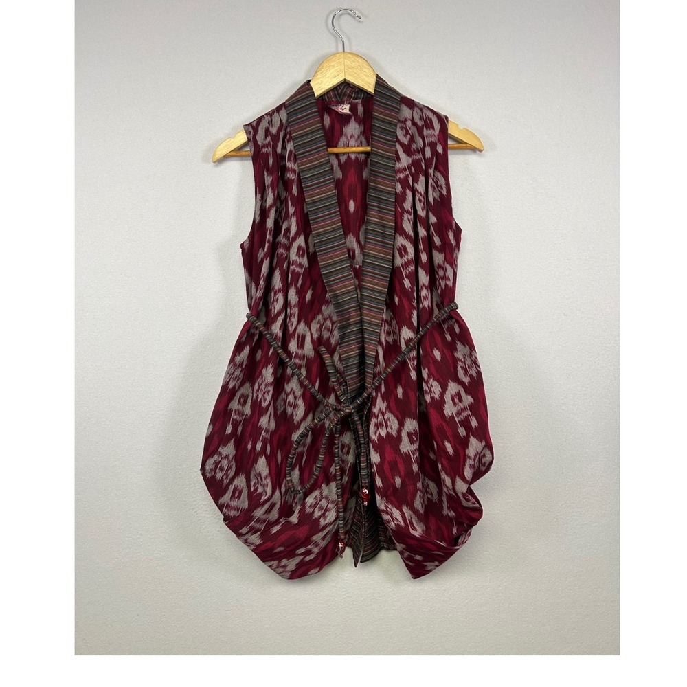 Boho Ethnic BI Women Small Burgundy Ikat Print Draped Belted Sleeveless Vest